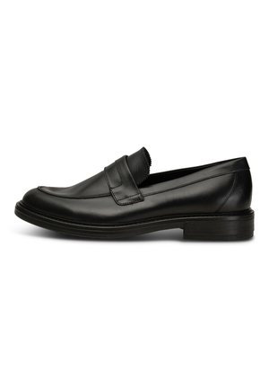 Zwarte leren loafers met een gladde afwerking, voorzien van een ronde neus, gestikte details en een lage rubberen zool.