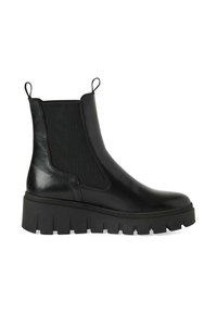 Botte Chelsea en cuir noir avec une semelle épaisse rainurée, des panneaux latéraux élastiques et des languettes de traction à la cheville, vue de profil.