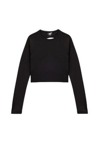 Zwarte lange mouwen crop top, zachte stof, ronde halslijn, aansluitend ontwerp en minimalistische stijl zonder zichtbare patronen of accenten.