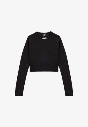 Black long-sleeve crop top, smooth fabric, round neckline, fitted design, and minimalistic style with no visible patterns or accents.