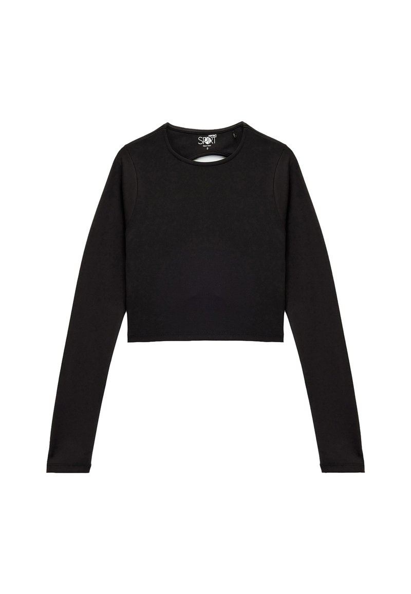 Zwarte lange mouwen crop top, zachte stof, ronde halslijn, aansluitend ontwerp en minimalistische stijl zonder zichtbare patronen of accenten.
