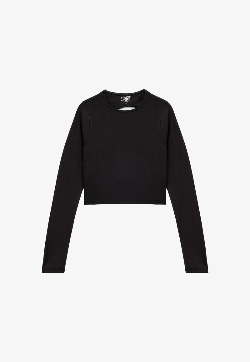 Zwarte lange mouwen crop top, zachte stof, ronde halslijn, aansluitend ontwerp en minimalistische stijl zonder zichtbare patronen of accenten.