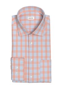 Lichtblauw, collared overhemd met lange mouwen en een oranje geruit patroon. Knopen aan de voorkant en op de manchetten, in een katoenmix.