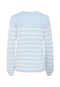 Pull bleu clair avec des rayures horizontales blanches. Présente des manches bouffantes longues et un col rond. Texture tricot douce et ourlet ajusté.