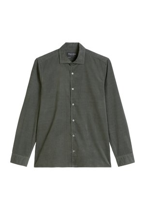 Dark green long-sleeve shirt made of a textured fabric, featuring a button-down front and single chest pocket, with a classic collar.