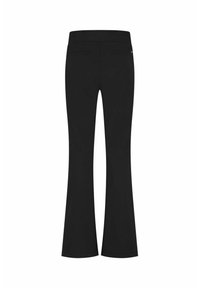 Zwarte flared broek met een soepele textuur, een hoge taille en twee achterzakken. Het ontwerp heeft een strakke, eenvoudige silhouet.