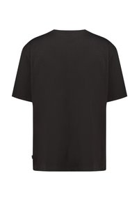 Maglietta nera, a maniche corte, con collo a giro, realizzata in tessuto liscio, presenta una vestibilità morbida e include una piccola etichetta del marchio in basso.