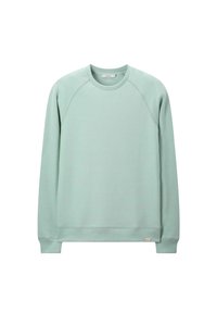 Sweatshirt vert menthe avec un col rond, des manches raglan et des poignets côtelés. Fabriqué en matière douce, présentant une petite étiquette à l'ourlet.