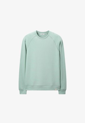Mint green sweatshirt with a crew neckline, raglan sleeves, and ribbed cuffs. Made from soft material, featuring a small tag at the hem.