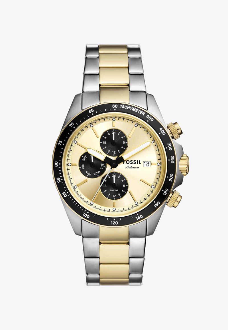Chronograph watch with a gold and black dial, stainless steel and gold-tone band, tachymeter scale, and three subdials for dual time.