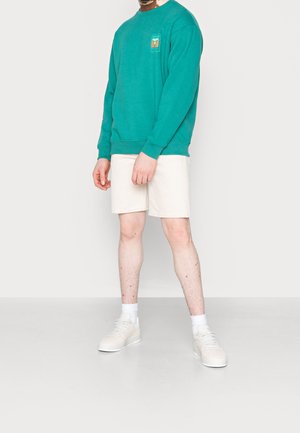 Tyrkysová mikina s malým logem, doplněná béžovými kraťasy. Bílé tenisky a kotníkové ponožky dotvrzují celý vzhled. Jednoduchý, ležérní design.