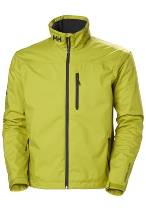 Lime green waterproof jacket with a high collar, front zipper, and two zippered pockets. Features black accents and branding on the sleeve.