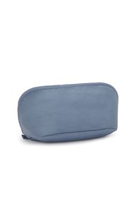 Borsa cosmetica in tessuto blu con forma arrotondata, chiusura a zip e texture liscia. Design minimalista senza motivi o dettagli visibili.