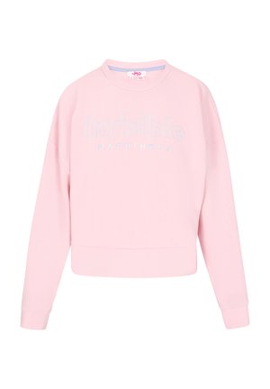 Sudadera corta rosa con puños y dobladillo acanalados, que presenta un texto en negrita "invisible" en azul claro y "HAPPINESS" en texto más pequeño debajo.