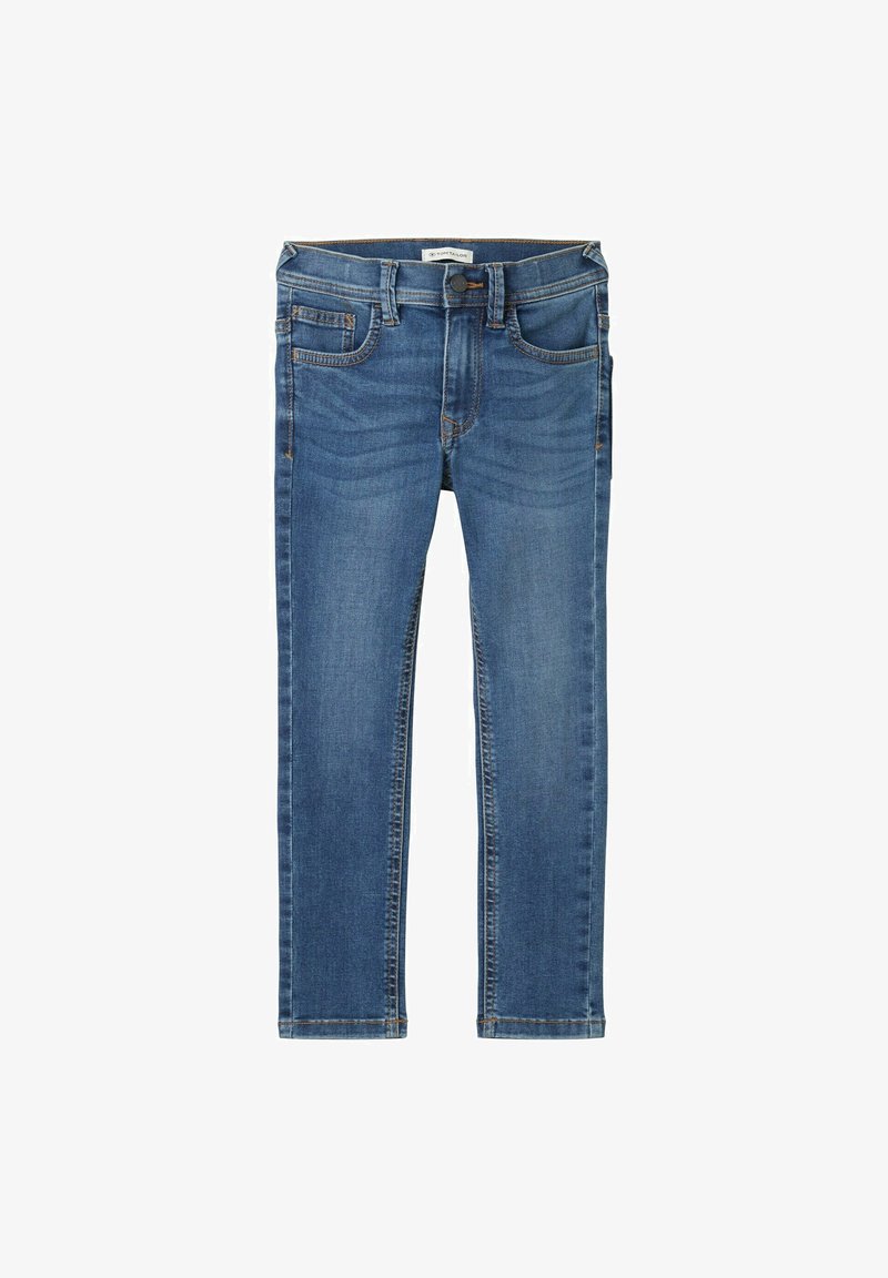 Sinised teksad, millel on kitsas lõige, viie taskuga disain, nähtavad õmblused ning tavaline vöökoht, millel on nööp ja tõmblukk.