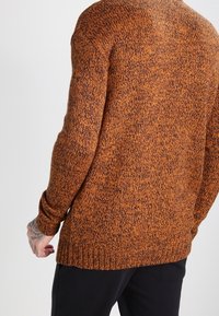 Pull en tricot orange foncé avec une texture mouchetée. Présente un ourlet et des poignets côtelés, montrant le dos et la zone des épaules.