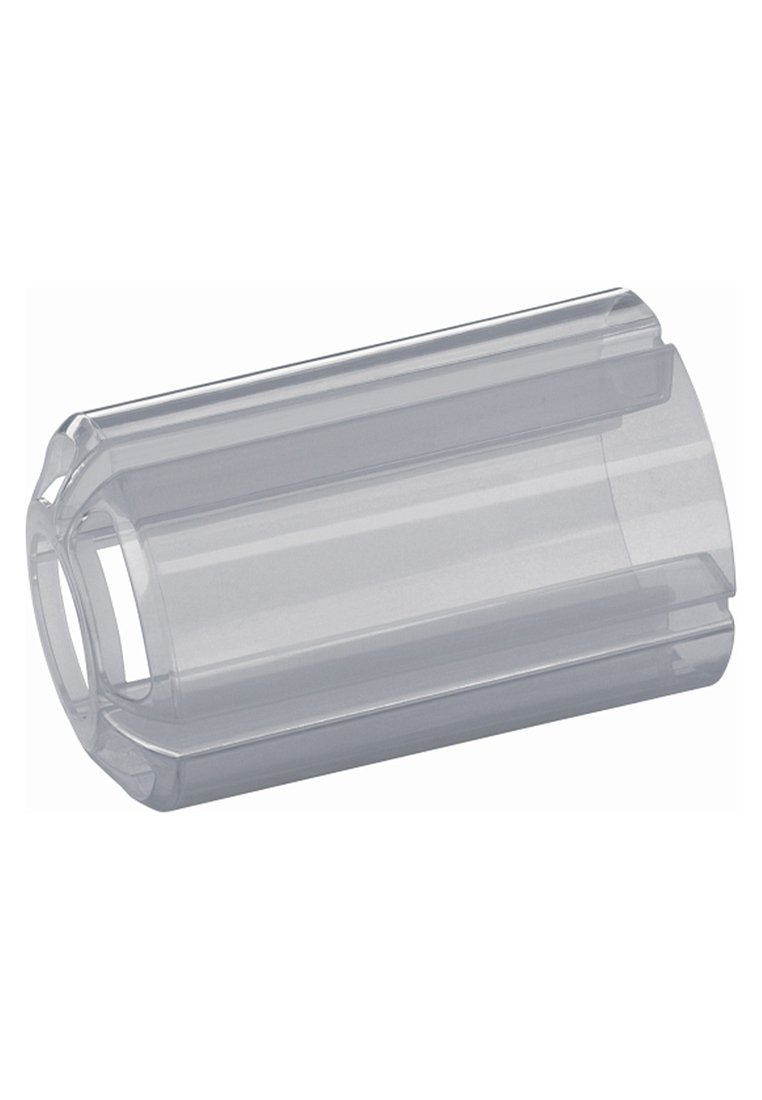 Objet cylindrique en plastique transparent avec une finition lisse et brillante. Présente des extrémités ouvertes et des accents nervurés pour une meilleure prise. Dimensions non spécifiées.