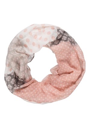Écharpe légère de forme circulaire, avec des pois roses et blancs et des sections grises ornées de motifs circulaires.