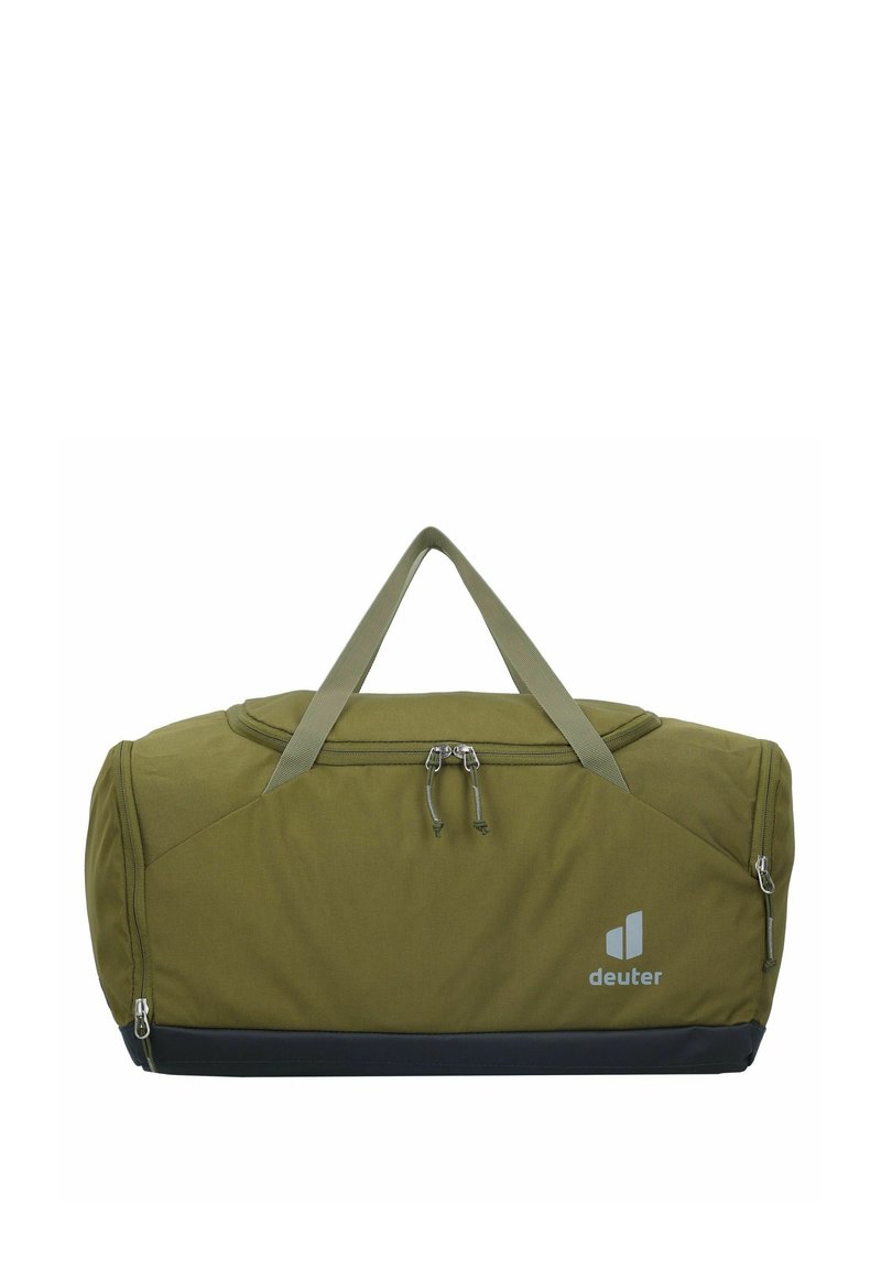 Borsa a viaggio verde oliva con doppi manici superiori, chiusura a zip e tasche laterali; caratterizzata da un tessuto testurizzato e una base nera. Logo presente.