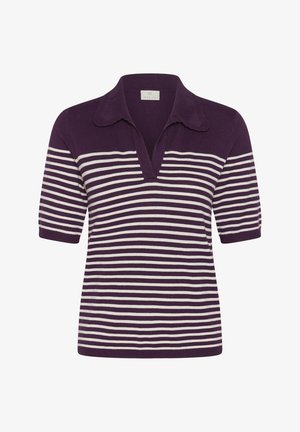 Tricou polo cu mâneci scurte, dungi orizontale mov și albe, cu guler V deschis.