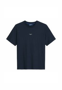 T-shirt bleu marine à manches courtes avec col rond, petit logo blanc "Marc O'Polo Denim" centré sur la poitrine.