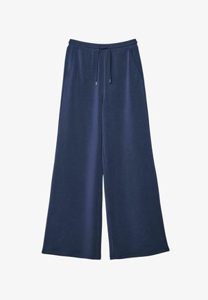 Granatowe spodnie o szerokich nogawkach z elastycznym pasem i sznurkiem, z bocznymi kieszeniami i luźnym krojem.