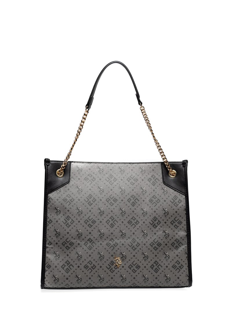 Tote-väska med ett grått mönstrat yttertyg, svarta läderdetaljer och handtag i guldkedja. Har geometriska mönster på tyget.