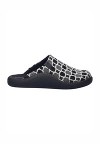 Black and gray knitted clog with a woven grid pattern, featuring a cushioned interior and a black rubber sole for comfort and support.