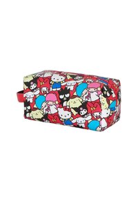 Rechthoekige etui met een kleurrijke cartoonfiguurafdruk. Gemaakt van duurzaam stof, met een ritssluiting en een rode handgreep.