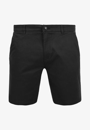 Pantalones cortos negros hechos de tejido de mezcla de algodón, con cierre de botón, bolsillos delanteros y corte recto. Textura suave y diseño sencillo.