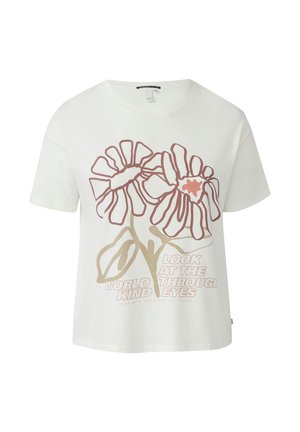 Biała bawełniana koszulka z kwiatowym wzorem w odcieniach różu i beżu, z napisem "PATRZ NA ŚWIAT PRZEZ ŻYCZLIWE OCZY" napisanym dużymi literami.