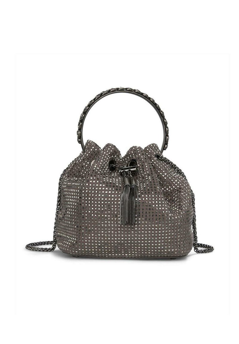 Borsa a secchiello grigia con design intrecciato, manico rotondo, tracolla regolabile in catena e dettagli a frange. Superficie testurizzata con un aspetto moderno.