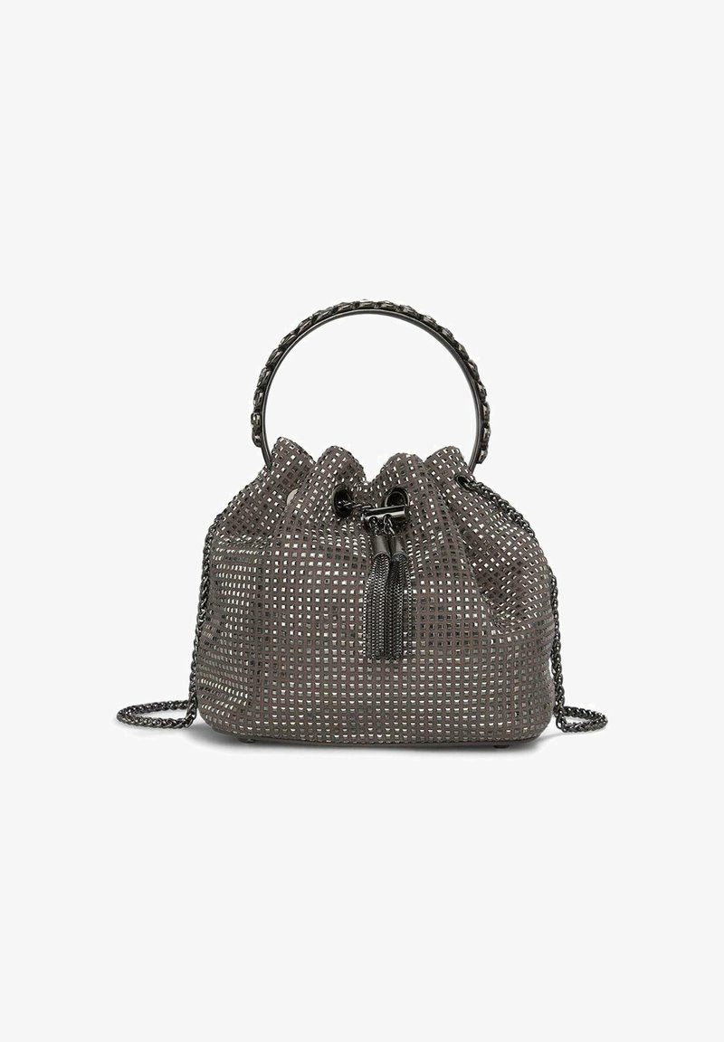Borsa a secchiello grigia con design intrecciato, manico rotondo, tracolla regolabile in catena e dettagli a frange. Superficie testurizzata con un aspetto moderno.