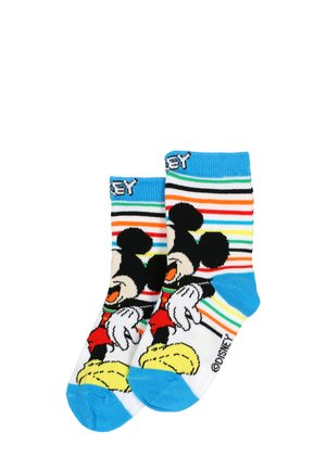 Un paio di calzini per bambini con strisce colorate e una grande grafica di Topolino, con risvolti e punte blu.