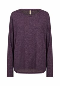 Lila, hosszú ujjú póló, laza szabással, kerek nyakkivágással és szabálytalan szegéllyel. Az anyag textúrázott, heathered megjelenésű.