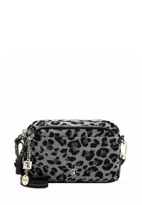 Borsa a tracolla con stampa leopardata in tela grigia e nera, dotata di chiusura con zip, accessori in tonalità argento e tracolla staccabile con dettagli del logo.