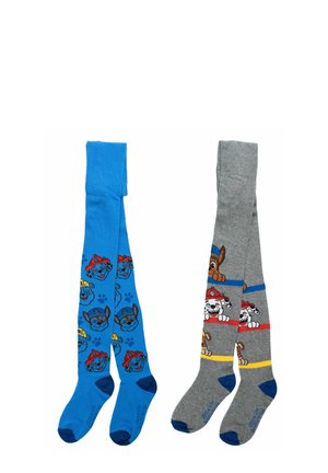 Blue and gray children's tights featuring multiple Paw Patrol dog faces and colorful stripes on the gray pair.
