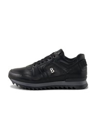 Black leather sneaker with a textured upper, featuring a prominent logo, round lace-up design, and a thick, serrated rubber sole.