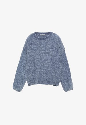 Pulover tricotat albastru cu un finisaj texturat, guler și manșete cu nervuri. Siluetă boxy cu umeri lăsați și o tăietură cropped.