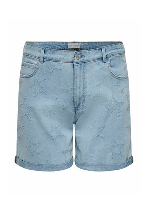 Gaiši zilas džinsa šorti ar reljefām zvaigžņu rakstiem, priekšpusē ar pogu un rāvējslēdzēju, jostas cilpām un salocītām apmalēm.