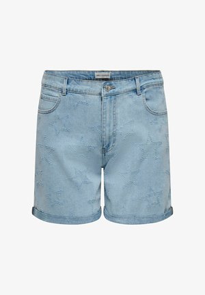 Lyseblå denimshorts med pregete stjernemønstre, knapp og glidelås foran, beltehemper og brettede kanter.