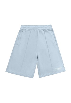 Light blue shorts made of soft fabric, featuring an elastic waistband, side pockets, and subtle stitching details. Text on the leg.