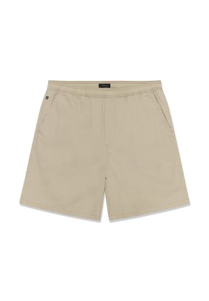 Shorts décontractés beiges avec taille élastique, poches latérales et ourlet droit, posés à plat sur un fond blanc.