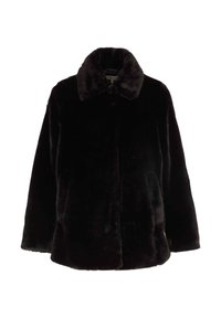 Cappotto in pelliccia sintetica nera con colletto ampio, vestibilità comoda e senza chiusure visibili. La trama appare morbida e pelosa, adatta per il freddo.