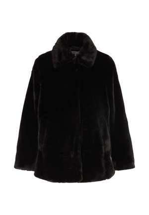 Cappotto in pelliccia sintetica nera con colletto ampio, vestibilità comoda e senza chiusure visibili. La trama appare morbida e pelosa, adatta per il freddo.