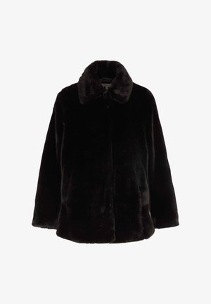 Cappotto in pelliccia sintetica nera con colletto ampio, vestibilità comoda e senza chiusure visibili. La trama appare morbida e pelosa, adatta per il freddo.