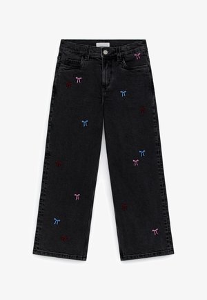 Jean noir à jambes larges avec broderies de nœuds roses, bleus et rouges dispersées sur le devant et design classique à cinq poches.