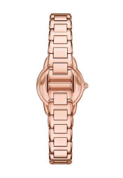 Hodinky z růžového zlata s obdélníkovým pouzdrem, designem propojeného náramku a lesklým povrchem, s čtvercovými články pro přidané detaily.