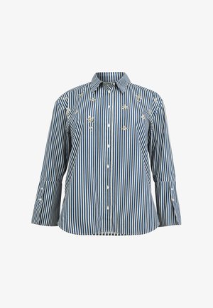 Blau-weiß gestreiftes Langarmhemd mit vertikalen Streifen und bestickten weißen Blumenmotiven sowie durchgehender Knopfleiste.