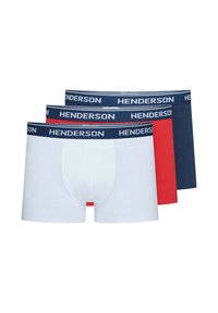 Trzy pary bokserek w kolorach białym, czerwonym i ciemnoniebieskim. Każda z nich ma miękki pas z logo "HENDERSON". Gładki bawełniany materiał.